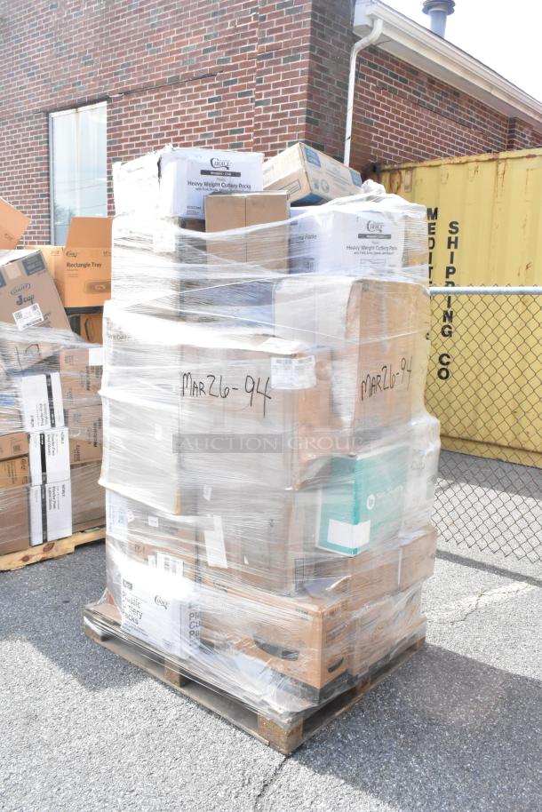 Pallet of 32 mixed new scratch and dent items, including hairnet caps, paper towels, cups, gloves. Marked "Mar26-94."