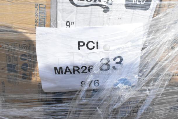 Stack of 30 brand new scratch and dent items, wrapped in plastic. Label reads "PCI MAR26-83." Includes cups, containers.