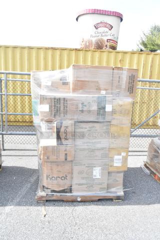 Pallet with 37 new scratch and dent items including Karat bags and Dart foam cups, wrapped in plastic, ready for auction.