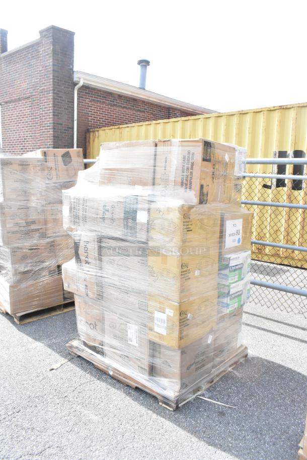 Pallet of 37 scratch and dent items including bags, lids, foam cups, and food bags, shrink-wrapped for auction.