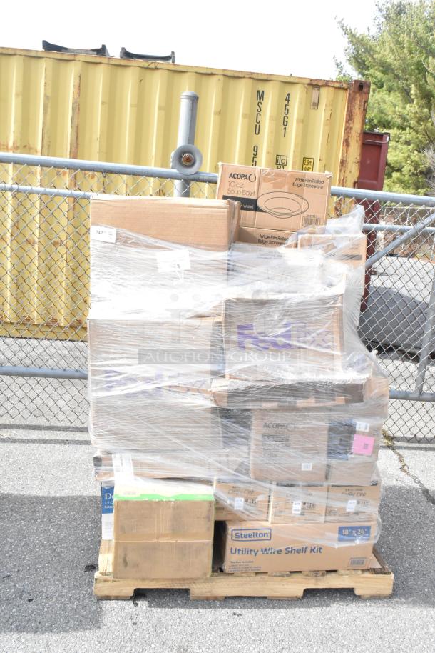 Pallet of 32 new scratch and dent items, including a salad spinner, utility shelf kit, and soup bowls. Wrapped and boxed.