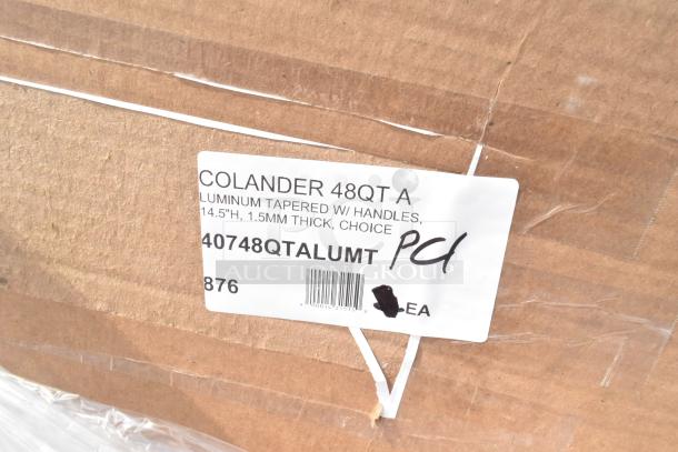 Colander box label: "Colander 48QT A, aluminum, tapered with handles, 14.5"H, 1.5mm thick, Choice, 40748QTALUMT, PCI, 876."