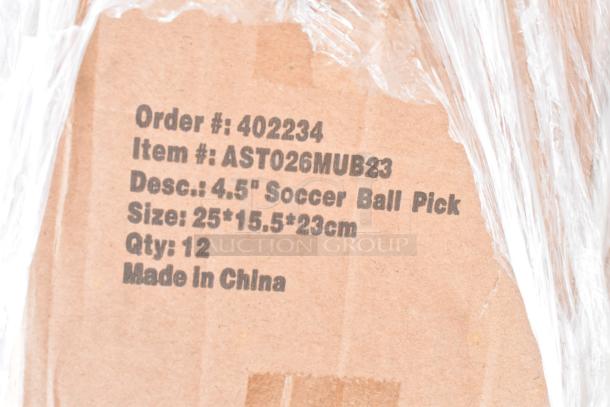 Cardboard box with labeled details: Order #402234, Item #AST026MUB23, "4.5" Soccer Ball Pick," Size: 25x15.5x23 cm, Qty: 12, Made in China.