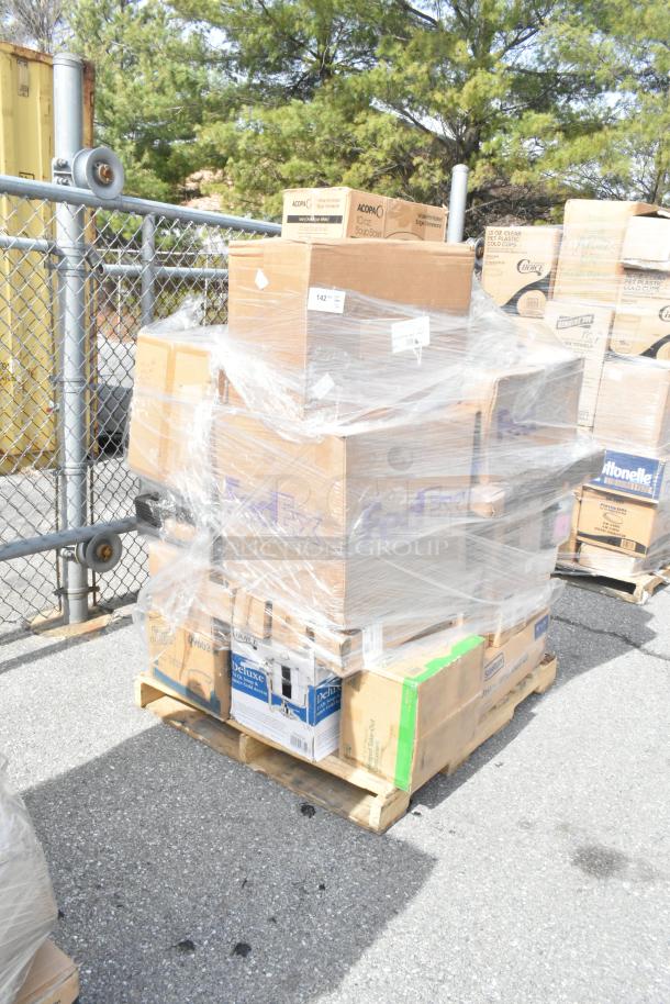 Shrink-wrapped pallet with 32 brand new scratch and dent items including a salad spinner, soccer ball, and old fashioned glasses.