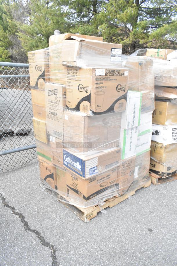 Pallet of 32 new scratch and dent items, including Choice cold cups, Cottonelle tissue, and containers, wrapped in plastic.