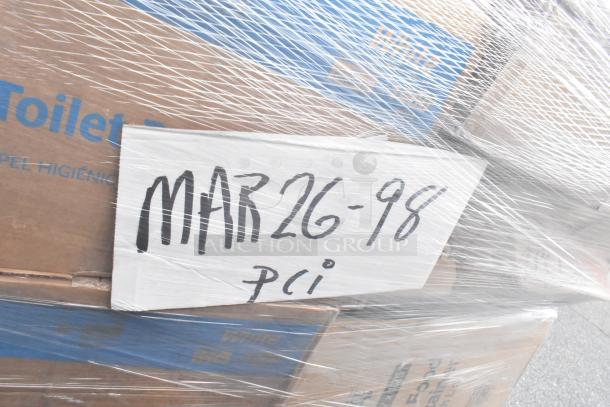 Palette of 34 mixed items including containers, guest towels, bath tissue, and shot glasses. Box marked "MAR26-98."