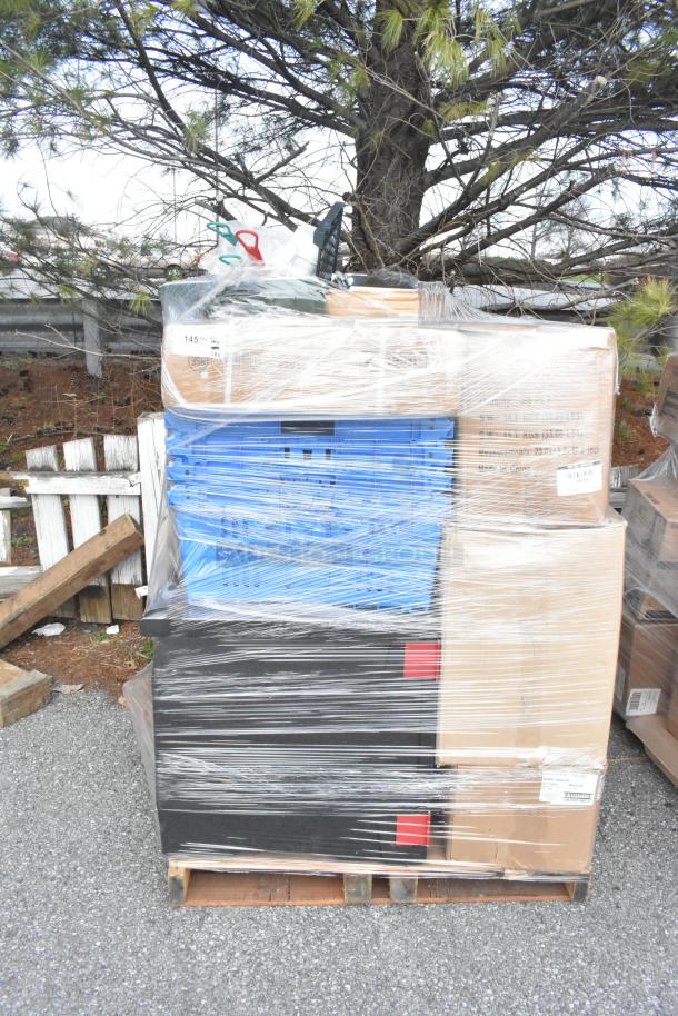 Shrink-wrapped pallet of 28 scratch and dent items, including an ice scoop, pallet jack handle, and ice bin lid.
