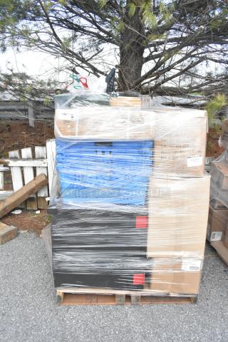 Shrink-wrapped pallet of 28 scratch and dent items, including an ice scoop, pallet jack handle, and ice bin lid.