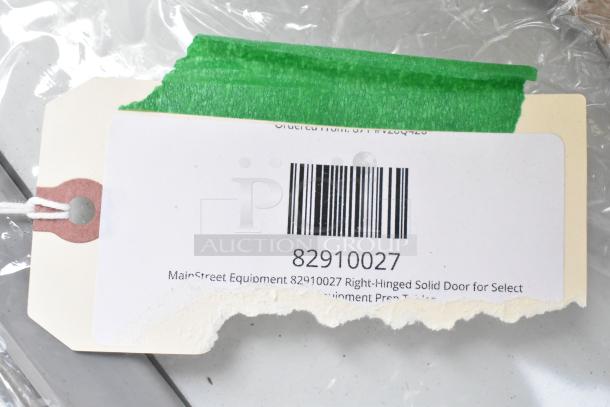Barcode tag for MainStreet Equipment Right-Hinged Solid Door; includes tear and green tape detail.