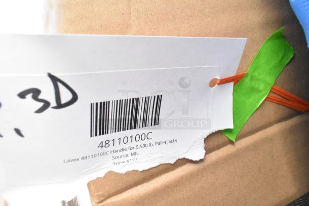 Label showing Lavex 48110100C handle for 5,500 lb. pallet jacks with barcode and price listed. Scratch and dent condition.