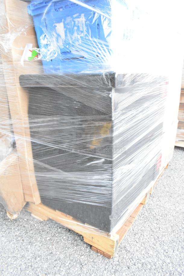 Pallet with 28 brand new scratch and dent items, including a blue ice scoop, pallet jack handle, and ice bin lid, wrapped in plastic.