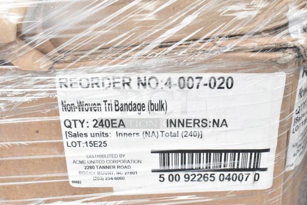 Cardboard box wrapped in plastic with label for non-woven tri bandage, quantity 240, distributed by Acme United Corporation.