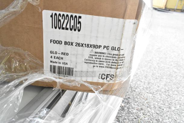 Cardboard box labeled "Food Box 26x18x9DP PC Glo-Red, 4 Each, Made in USA" with BPA warning, partially wrapped in plastic.