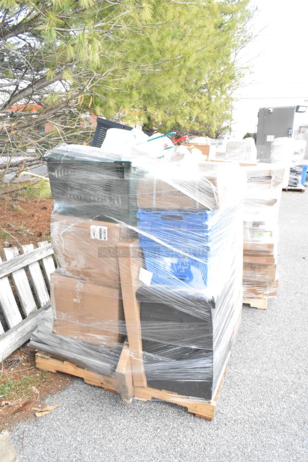 28 new scratch and dent items on pallet, including ice scoop, pallet jack handle, ice bin lid, in wrapping for auction.