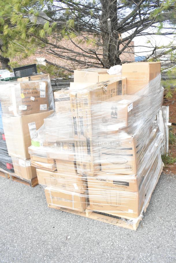 Pallet of assorted new scratch and dent items including planetary gear, beer mugs, glasses, platters, wrapped in plastic.