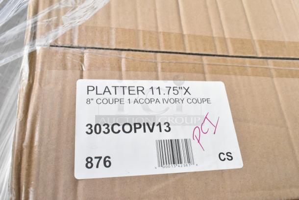 Box with label for 11.75"x8" Acopa Ivory Coupe Platters, model 303COPIV13, marked "PCT". Part of a scratch and dent auction.