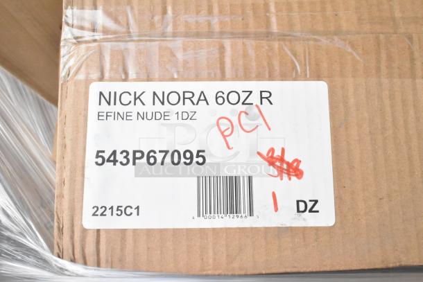 Cardboard box labeled "Nick Nora 6oz R, Efine Nude 1DZ" with barcodes, markings, and model 543P67095.