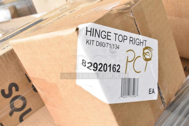Cardboard box labeled "Hinge Top Right, Kit D60/71/134, 82920162, PC." Part of a lot of scratch and dent items.