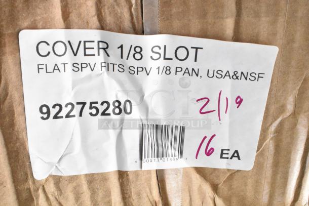 Label on cardboard box showing "COVER 1/8 SLOT" for SPV 1/8 PAN, USA&NSF, item number 92275280, and barcode.