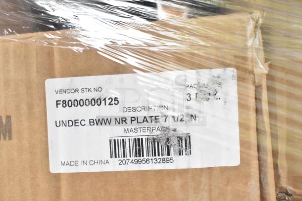 Cardboard box labeled "UNDEC BWW NR PLATE 7 1/2 N," vendor code F8000000125, made in China. Scratch and dent items.
