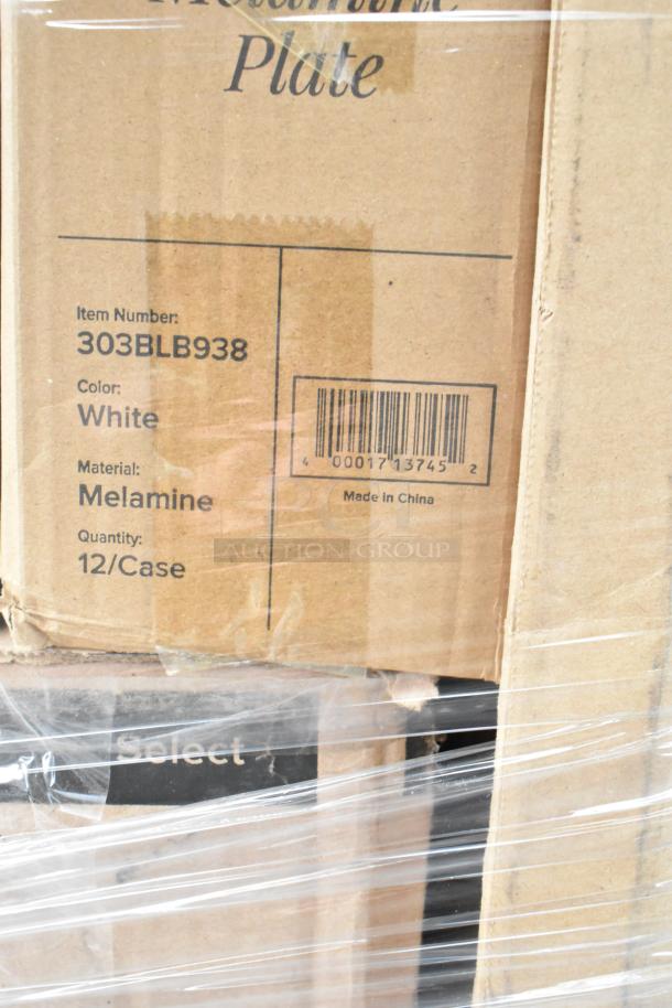 Cardboard boxes with visible label displaying item number 303BLB938, color white, material melamine, 12 per case.