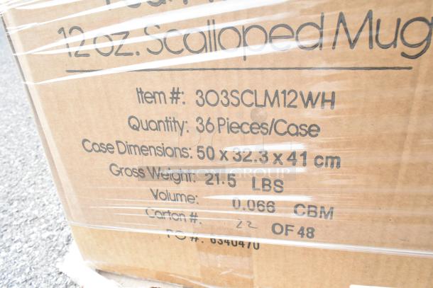 Cardboard box labeled "12 oz. Scalloped Mugs," item #303SCLM12WH, 36 pieces per case, dimensions 50x32.3x41 cm, weight 21.5 lbs.