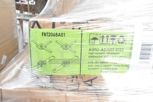 Box with label "Auto-Adjust KT22," part number FBT2068A01, dimensions 58x34x10 cm, average gross weight 12 kg, wrapped in plastic.