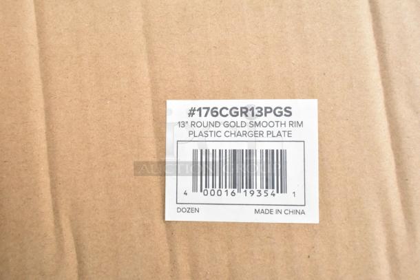 Label on packaging for 13" round gold smooth rim plastic charger plate, model #176CGR13PGS, made in China, dozen pack.