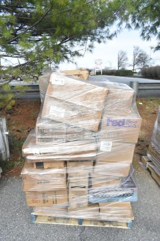 Pallet with 35 brand-new scratch and dent items in boxes, wrapped in plastic. Includes mop bucket, plates, bowls, and vase. Tags visible.