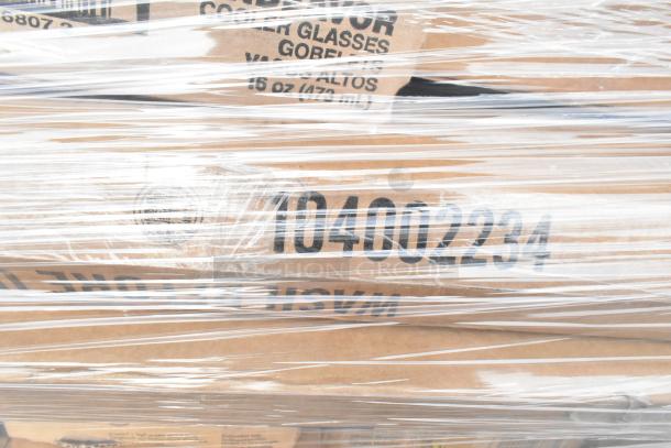 Plastic-wrapped cardboard boxes labeled with product codes, containing mixed items like mop bucket, plates, vase, bowls. Brand new, slight damage.