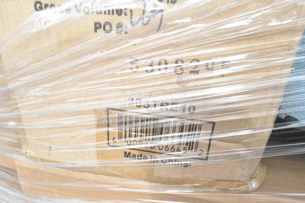 35 new scratch and dent items wrapped for auction, featuring mop bucket, plates, vase, bowls. Tags indicate model 303TRE10, barcode, Made in China.