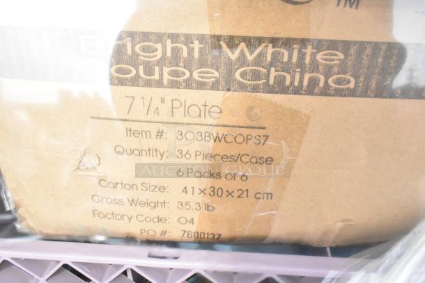Box of 7.25" plates, 36 pieces, marked "Bright White Coupe China," item #303BWCOPS7, 41x30x21 cm, 35.3 lb.