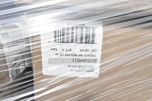 35 brand new scratch and dent items, pallet wrapped. Label shows lot 191125, Cracker Jar, Anchor Hocking Co.