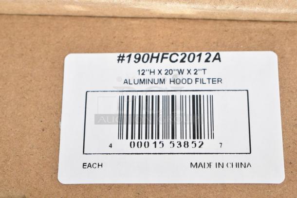 Aluminum hood filter box label, model #190HFC2012A, dimensions 12"H x 20"W x 2"T, made in China.