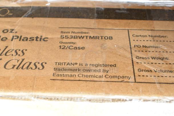 Cardboard box label showing item number 553BWTMRT08, quantity 12 per case. Tritan trademark by Eastman Chemical.