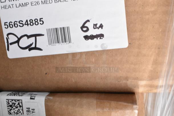 Cardboard boxes with labels reading "Heat Lamp E26 Med Base 120," "566S4885," and "6 EA." Some text is crossed out.