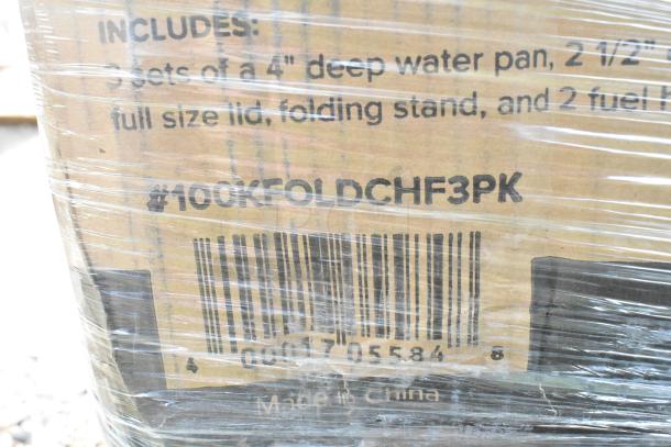 Cardboard box with plastic wrap showing printed text: "INCLUDES" details, product code #100KFOLDCHF3PK, barcode, "Made in China."
