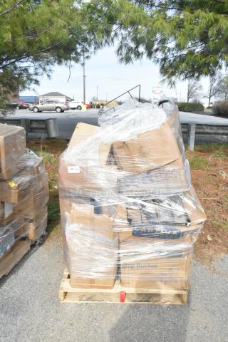 14 brand new scratch and dent items on pallet, wrapped. Includes pot and sauce racks. Cardboard box labels indicate contents.