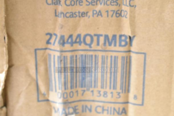 Cardboard box with blue text showing address and barcode. Item includes pot rack and sauce rack, labeled as "Made in China."