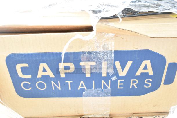 Cardboard box with "Captiva Containers" label, partially open, showing scratch and dent items inside, sealed with tape.