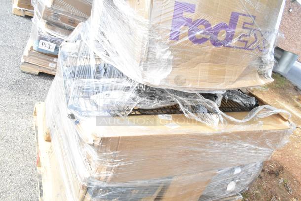 Wrapped pallet with 14 brand new scratch and dent items, including pot and sauce racks. Labels show packaging markings.