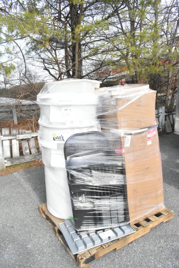 Shrink-wrapped pallet of 26 mixed items including barstool cushions, pizza pans, tumblers, fryer basket. Items marked scratch and dent.