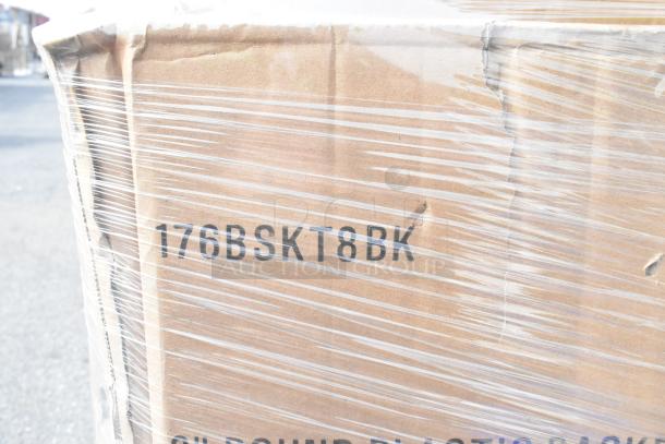 Cardboard box labeled "176BSKT8BK" under plastic wrap, indicating scratch and dent items.
