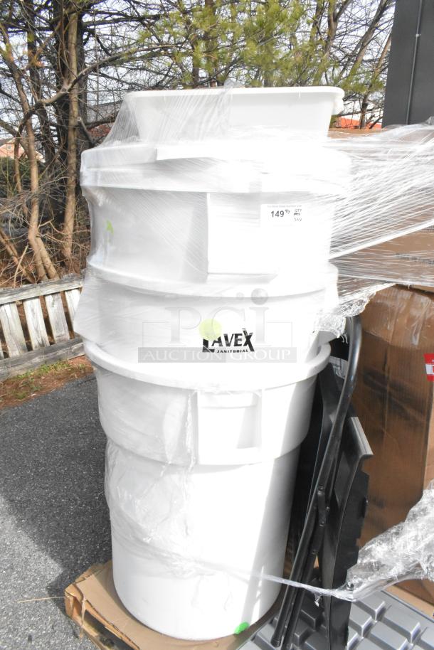 Lavex janitorial barrel, wrapped in plastic. White, brand new, includes label. Part of a scratch and dent auction lot.