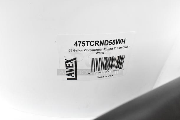 55-gallon white commercial trash can, model 475TCRND55WH by AVEX. Scratch and dent condition. Made in USA.