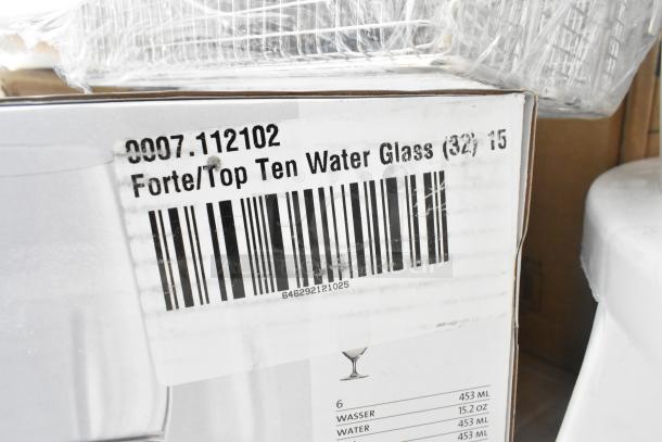 Box labeled "Forte/Top Ten Water Glass (32) 15" with barcode. Part of 26 scratch and dent items auction lot.