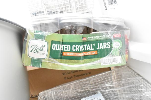 Ball Quilted Crystal Jars package, label indicates "Strongest Sealing Mason Jar," featuring American-made, regular mouth jars.