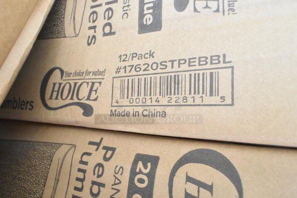 Close-up of a cardboard box labeled "12/Pack" Choice brand pebbled tumblers, item #17620STPEBBL, made in China.