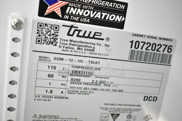 Label of 2023 True GDM-12-HC Single Door Cooler. Model and serial number details, 115 Volts, 1 Phase. Suitable for outdoor use.