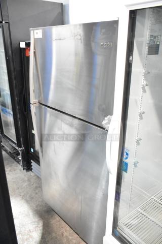 Whirlpool WRT311FZDM01 reach-in cooler with freezer. Stainless steel, visible wear, 115V, 1 Phase. Model label on door.